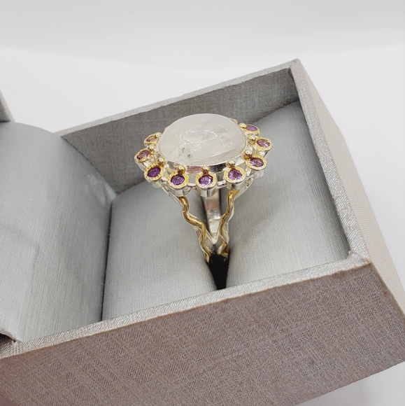 Genuine Moonstone & Purple Amethyst Sterling Silver / 18k Yellow Gold Halo Ring - Picture 6 of 6